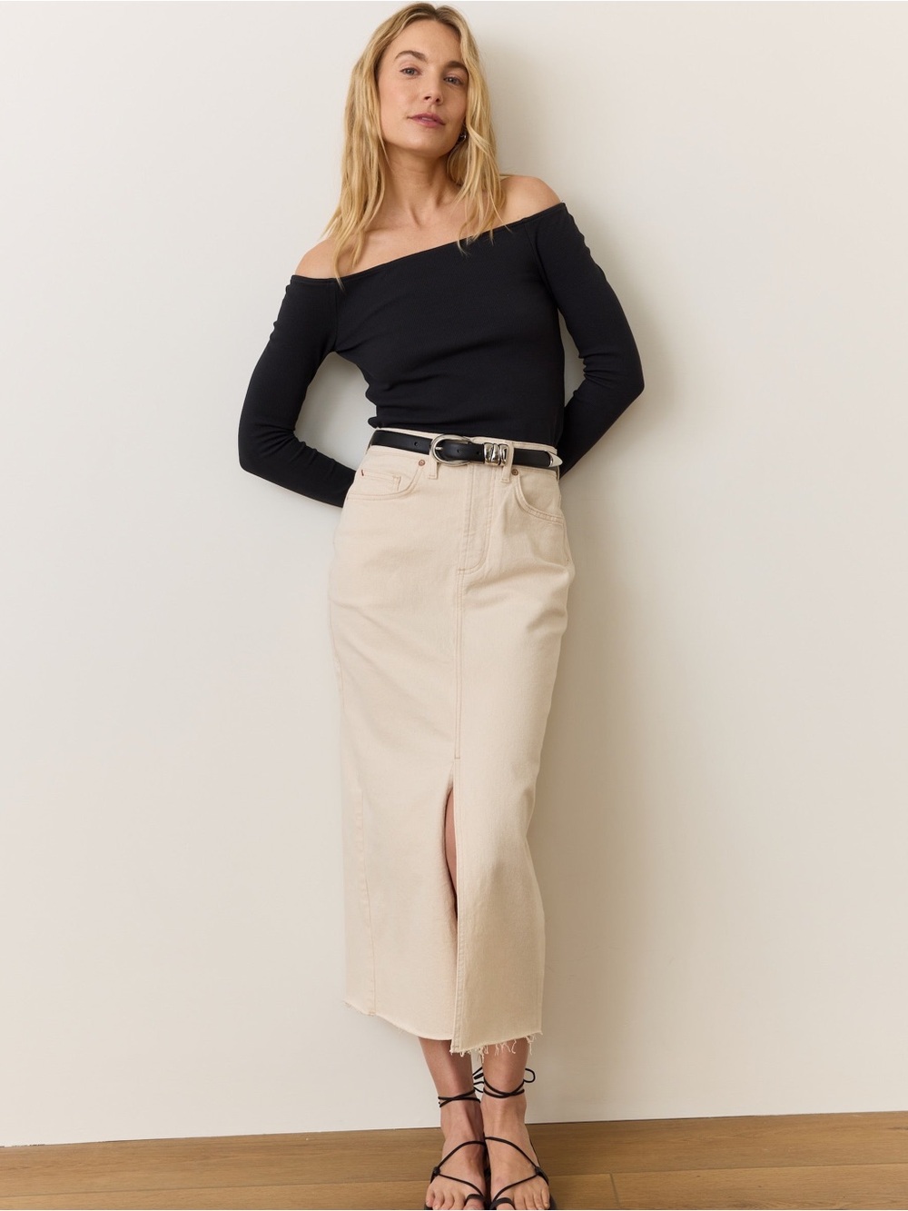 Marine Layer Beige High-Waist Midi Skirt with Front Slit
